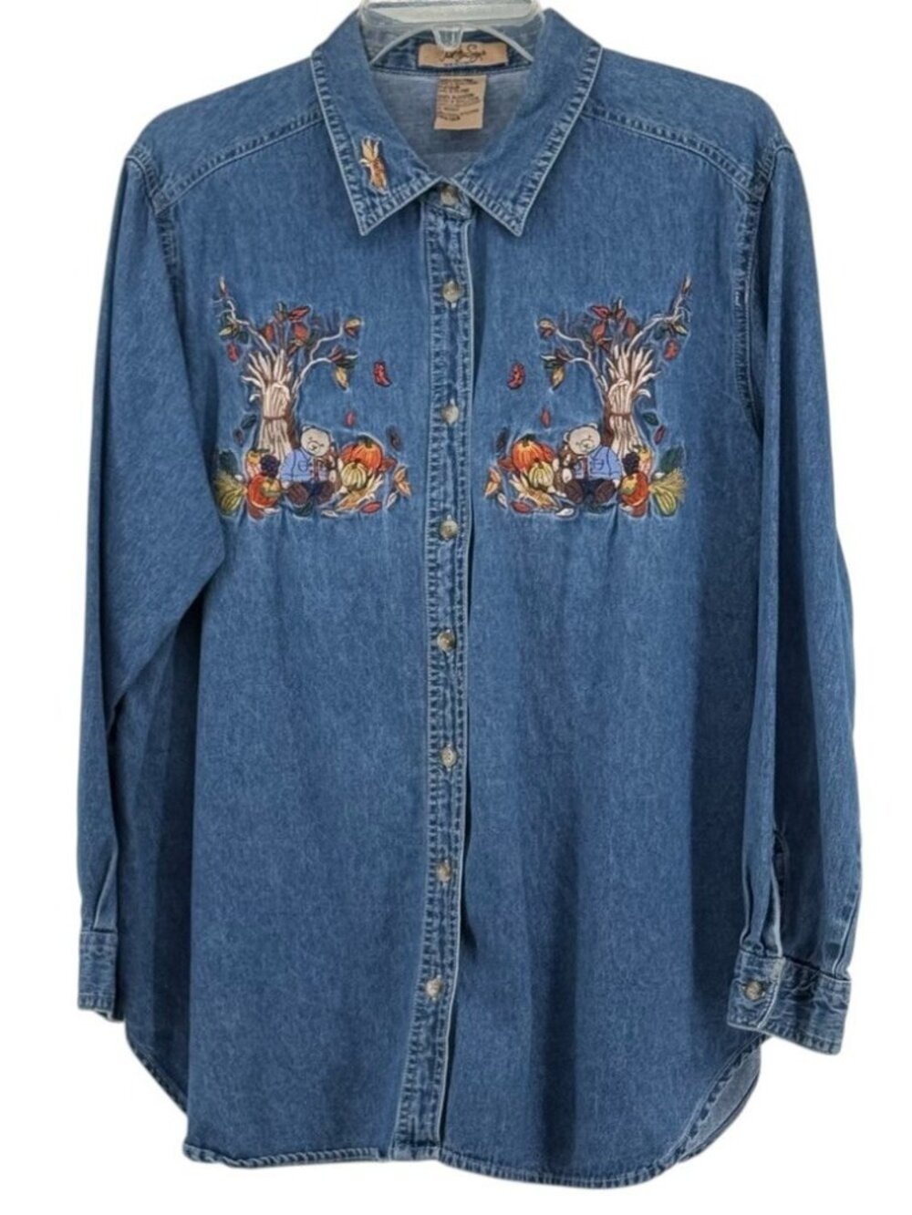 Just My Size Denim Shirt Women 14w/16w Bear Fall Theme Long Sleeve Button Up Vtg
